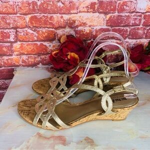 Coach and Four Gold Metallic Snakeskin Print Cork Wedge Heel Sandals